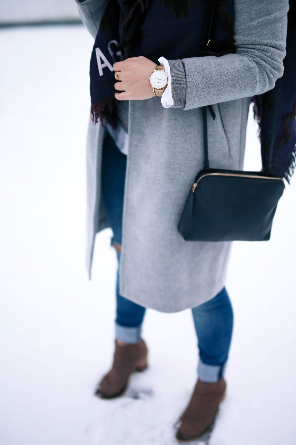 Cute outfit ideas in the snow - Aritzia blanket scarf, Aritzia grey wool coat, Tilley beanie, Mavi skinny jeans, Urban Outfitters ankle boots, Celine Caty sunglasses, layered oxford shirt