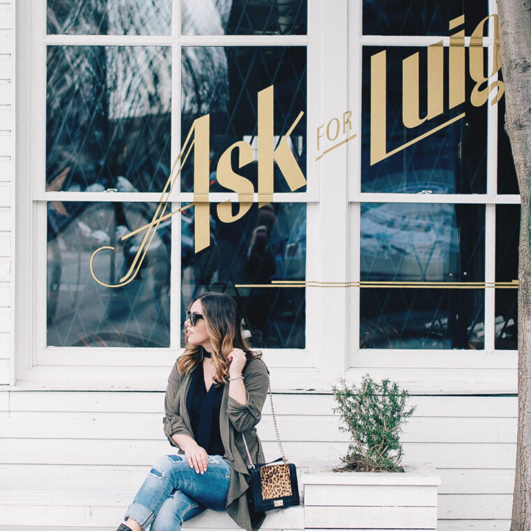 Romantic restaurants in Vancouver at Ask for Luigi, best date night spots in Vancouver, in Frye ankle boots, boyfriend jeans, skinny scarf, Revolve trench coat by To Vogue or Bust