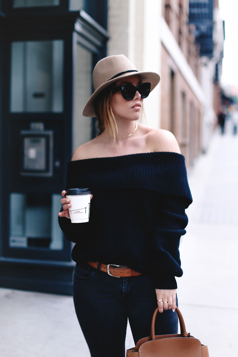 How to style off the shoulder sweaters in LPA sweater, Revolve clothing, Leah Alexandra rings, Celine sunglasses, Aritzia bag, Express fedora, suede booties styled by To Vogue or Bust