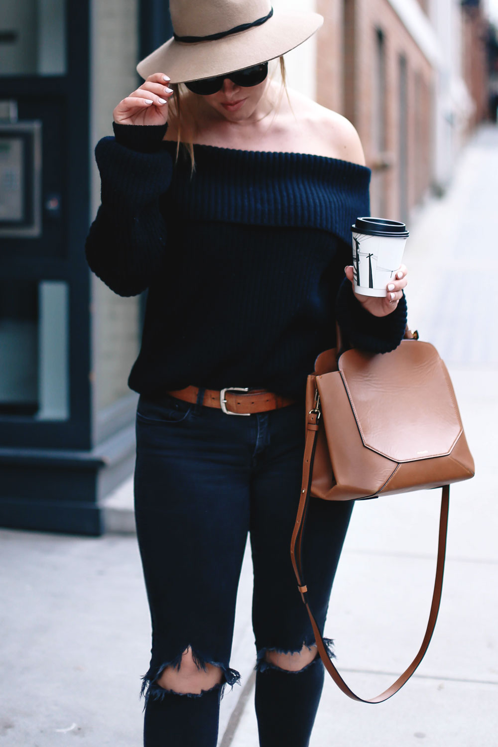 How to style off the shoulder sweaters in LPA sweater, Revolve clothing, Leah Alexandra rings, Celine sunglasses, Aritzia bag, Express fedora, suede booties styled by To Vogue or Bust