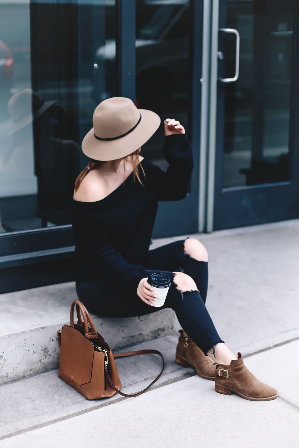 How to style off the shoulder sweaters in LPA sweater, Revolve clothing, Leah Alexandra rings, Celine sunglasses, Aritzia bag, Express fedora, suede booties styled by To Vogue or Bust