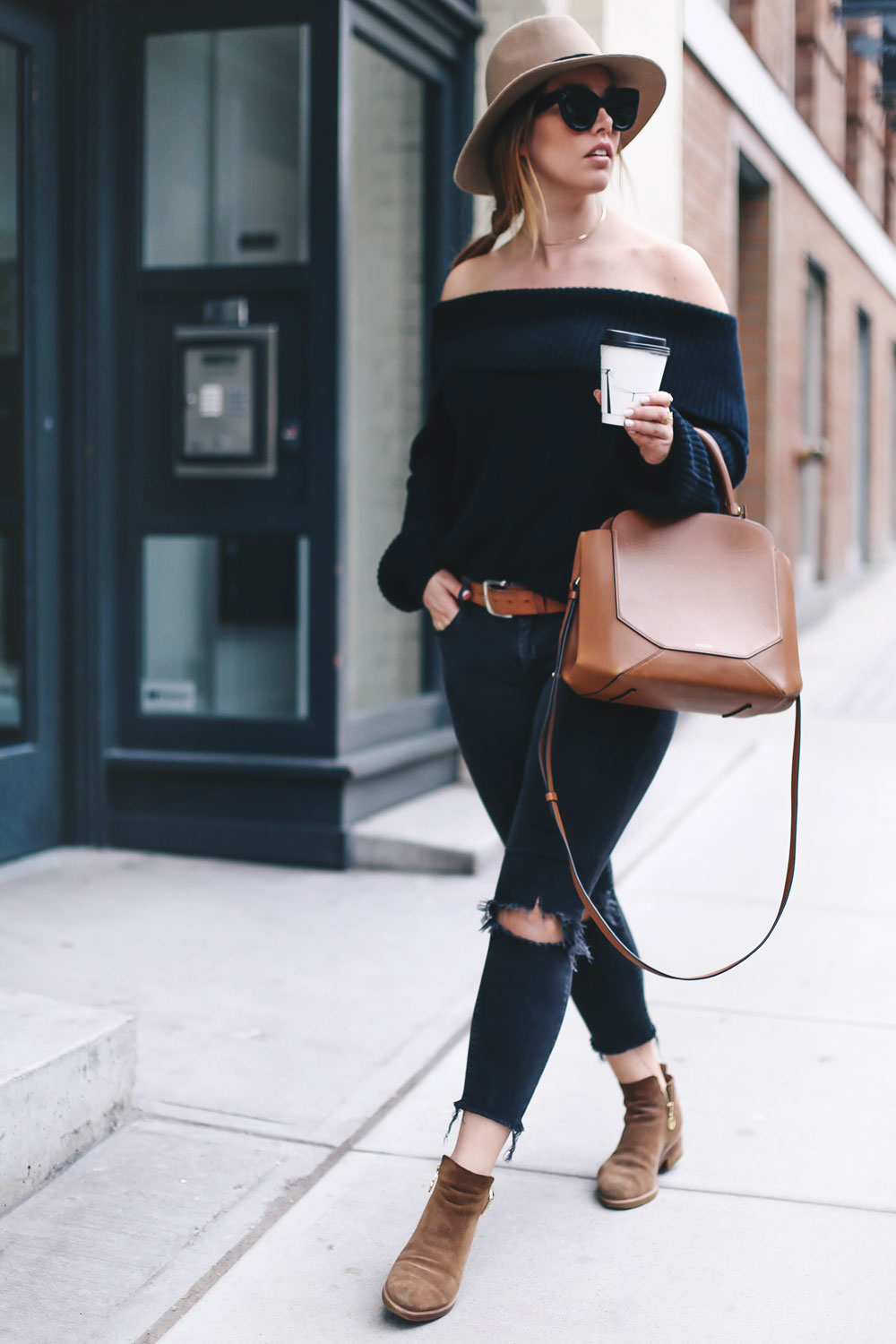 How to style off the shoulder sweaters in LPA sweater, Revolve clothing, Leah Alexandra rings, Celine sunglasses, Aritzia bag, Express fedora, suede booties styled by To Vogue or Bust