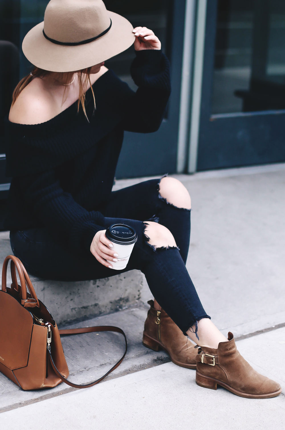 How to style off the shoulder sweaters in LPA sweater, Revolve clothing, Leah Alexandra rings, Celine sunglasses, Aritzia bag, Express fedora, suede booties styled by To Vogue or Bust