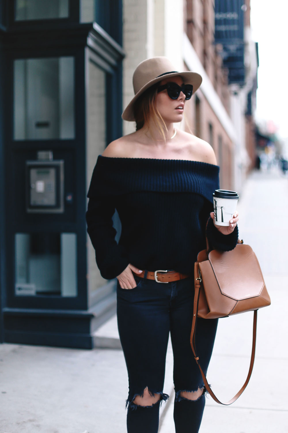 How to style off the shoulder sweaters in LPA sweater, Revolve clothing, Leah Alexandra rings, Celine sunglasses, Aritzia bag, Express fedora, suede booties styled by To Vogue or Bust