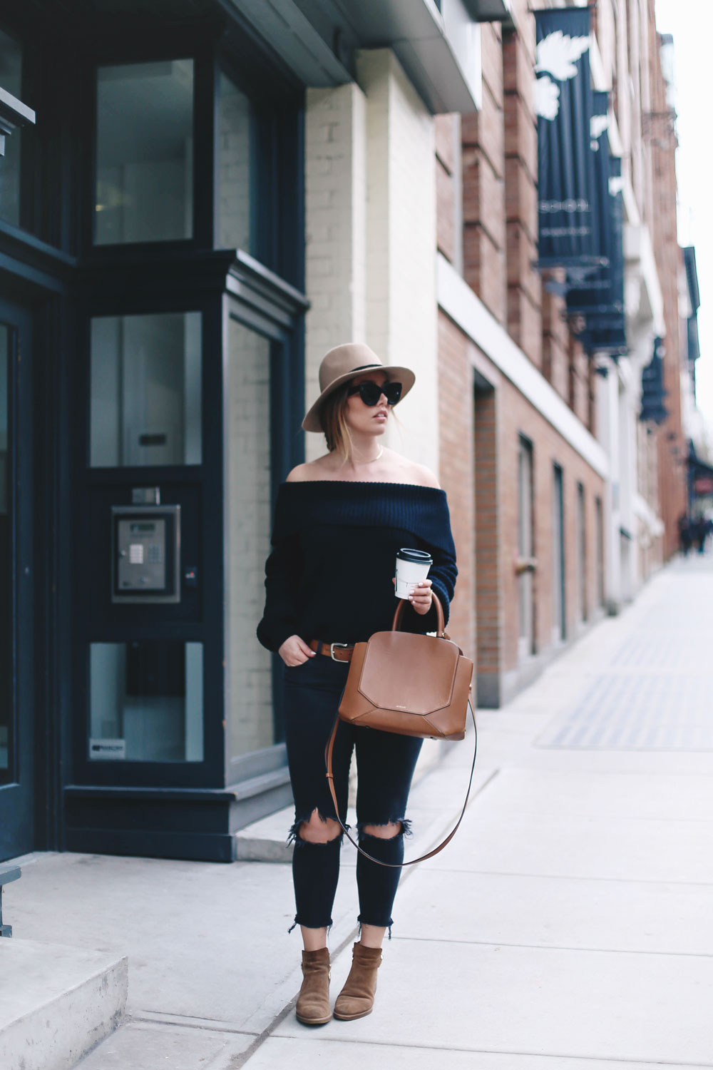 How to style off the shoulder sweaters in LPA sweater, Revolve clothing, Leah Alexandra rings, Celine sunglasses, Aritzia bag, Express fedora, suede booties styled by To Vogue or Bust