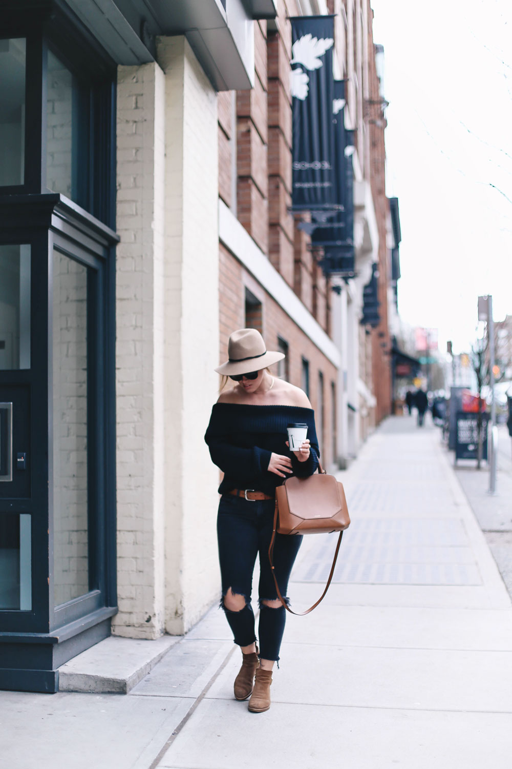 How to style off the shoulder sweaters in LPA sweater, Revolve clothing, Leah Alexandra rings, Celine sunglasses, Aritzia bag, Express fedora, suede booties styled by To Vogue or Bust