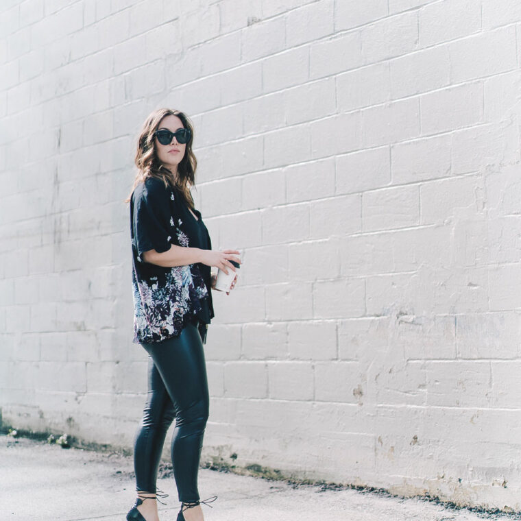 Spring floral trend styling tips in Aritzia Kimono, Celine Sunglasses, Aritzia Leather Leggings, how to wear spring florals, Aritzia spring tops, how to wear a kimono, Leah Alexandra jewelry by To Vogue or Bust