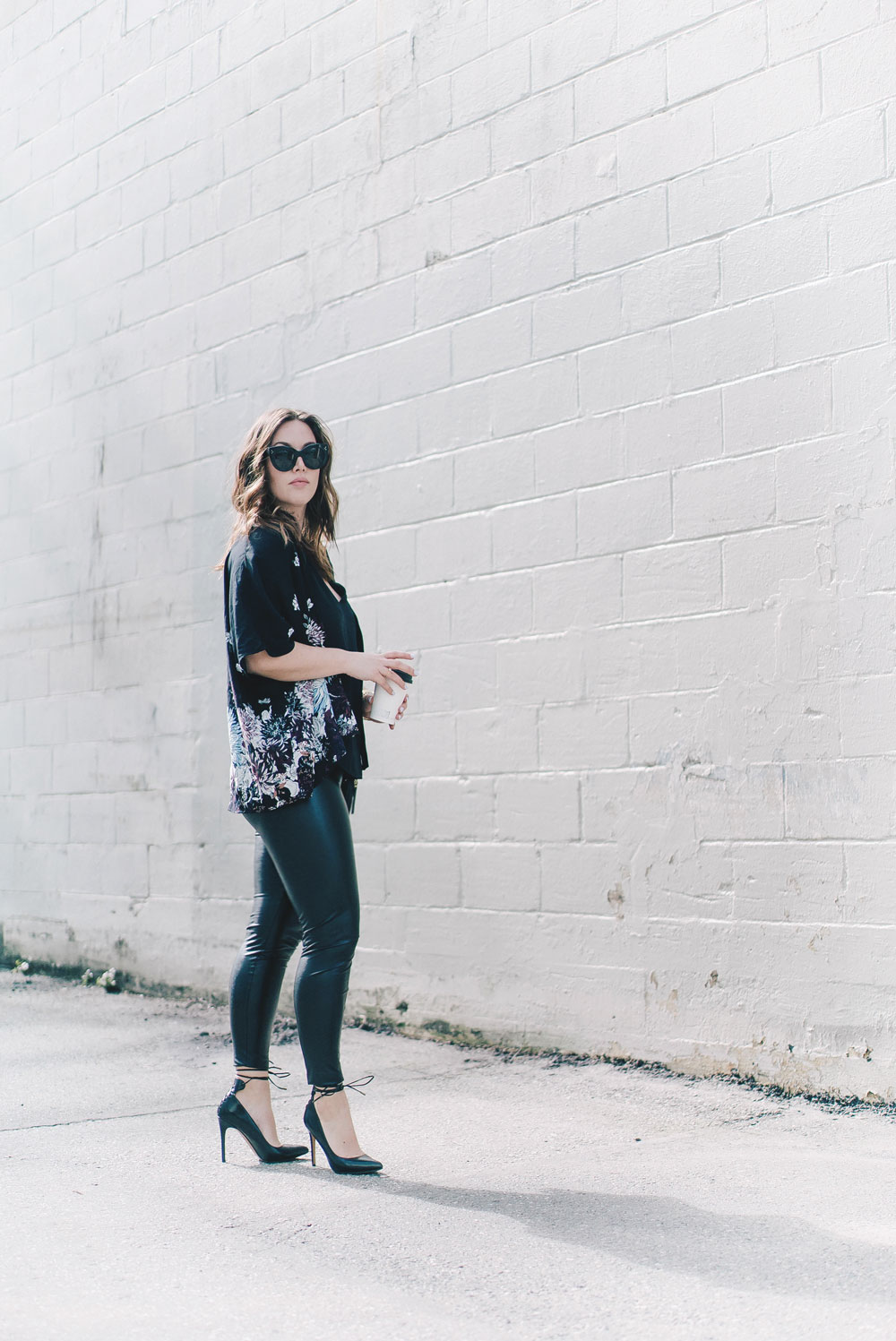 Spring floral trend styling tips in Aritzia Kimono, Celine Sunglasses, Aritzia Leather Leggings, how to wear spring florals, Aritzia spring tops, how to wear a kimono, Leah Alexandra jewelry by To Vogue or Bust 