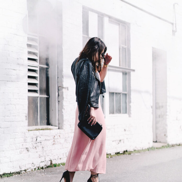 How to style pink spring trend in Aritzia dress, Mackage leather jacket, Celine Sunglasses, Cluse watch, Nine West heels, how to style spring dress, Aritzia spring 2017, how to wear pink on To Vogue or Bust