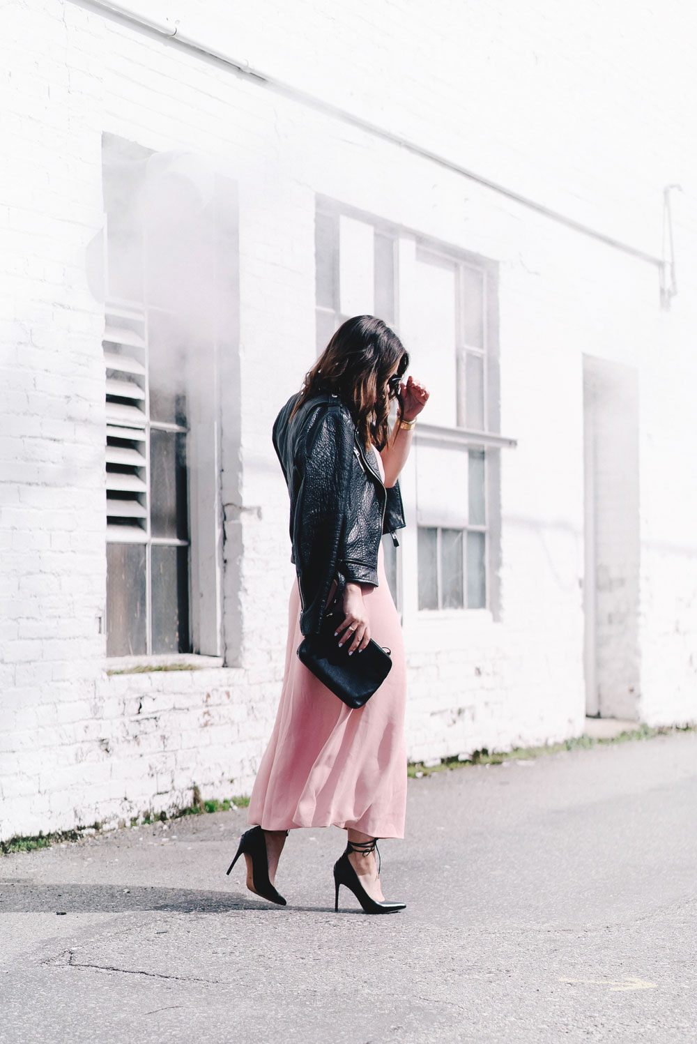 How to style pink spring trend in Aritzia dress, Mackage leather jacket, Celine Sunglasses, Cluse watch, Nine West heels, how to style spring dress, Aritzia spring 2017, how to wear pink on To Vogue or Bust