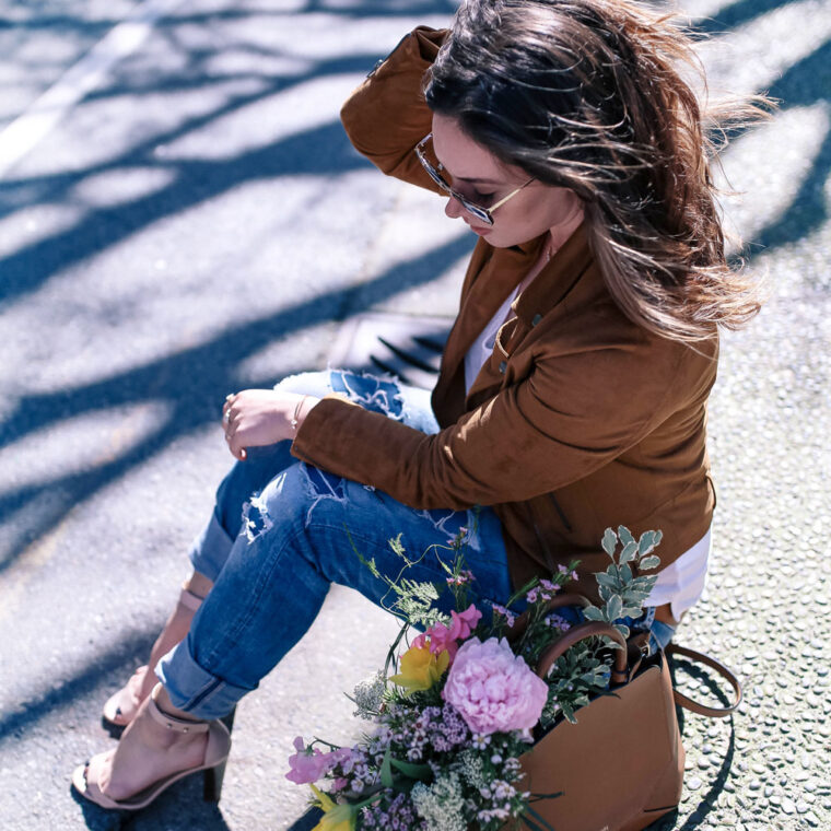 how to wear boyfriend jeans, casual outfit ideas in jcrew heels, mavi t shirt, aritzia auxiliary bag, suede moto jacket outfit ideas, revolve suede jacket, silver jeans boyfriend jeans, casual weekend outfit ideas by To Vogue or Bust