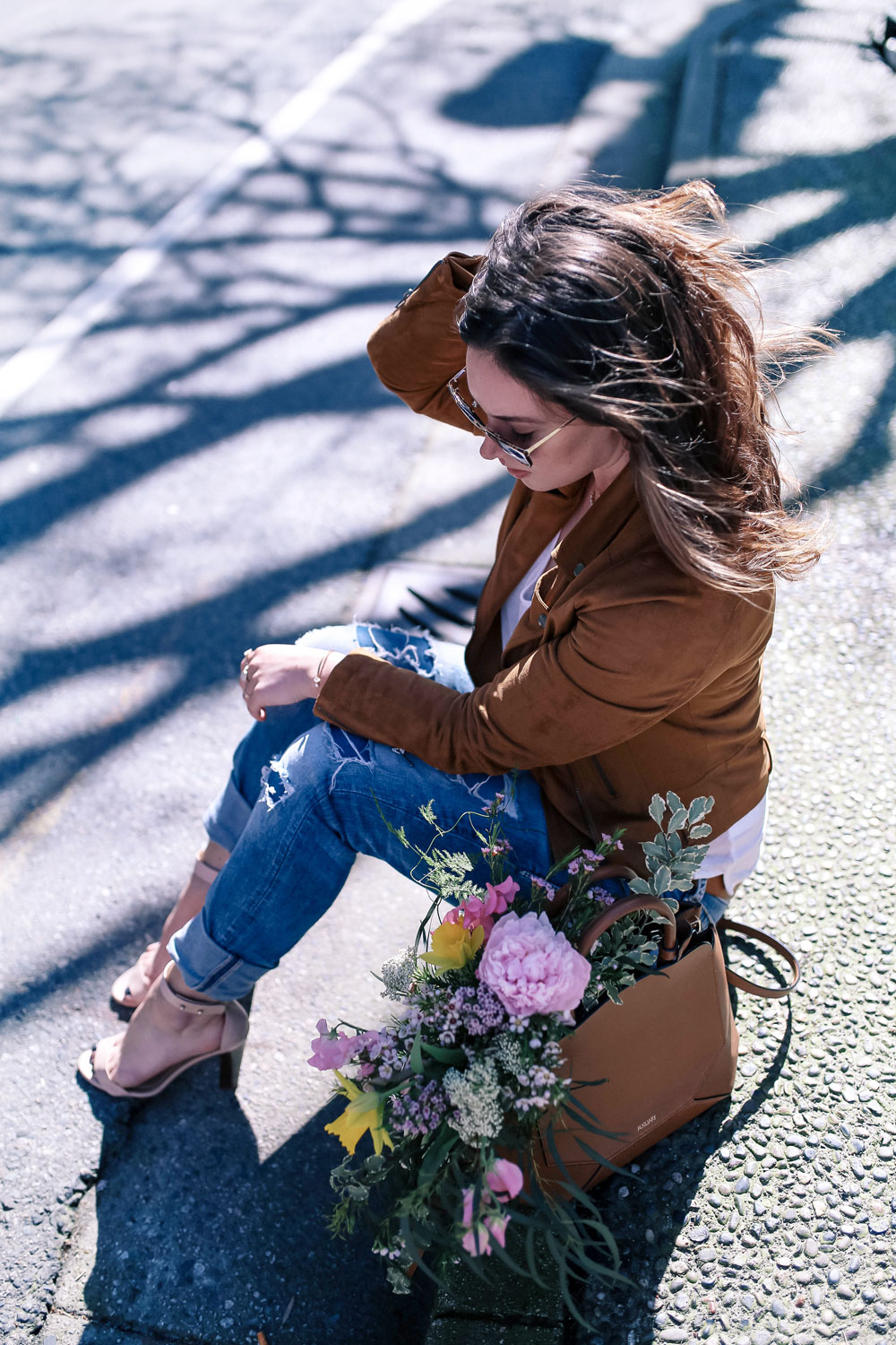 how to wear boyfriend jeans, casual outfit ideas in jcrew heels, mavi t shirt, aritzia auxiliary bag, suede moto jacket outfit ideas, revolve suede jacket, silver jeans boyfriend jeans, casual weekend outfit ideas by To Vogue or Bust