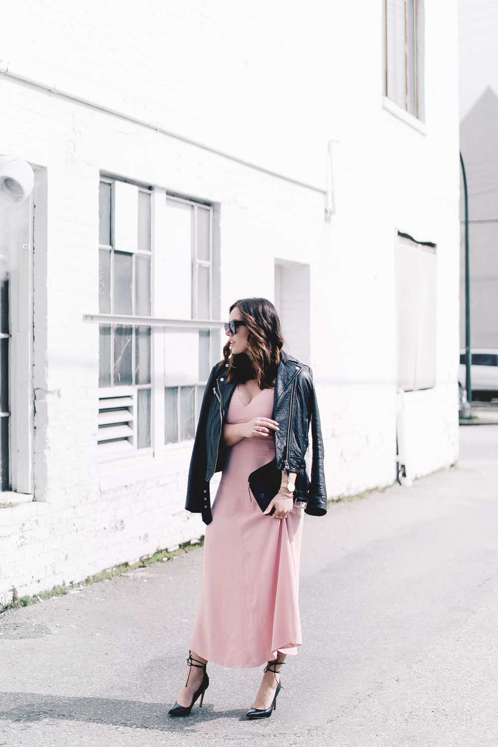 How to style pink spring trend in Aritzia dress, Mackage leather jacket, Celine Sunglasses, Cluse watch, Nine West heels, how to style spring dress, Aritzia spring 2017, how to wear pink on To Vogue or Bust