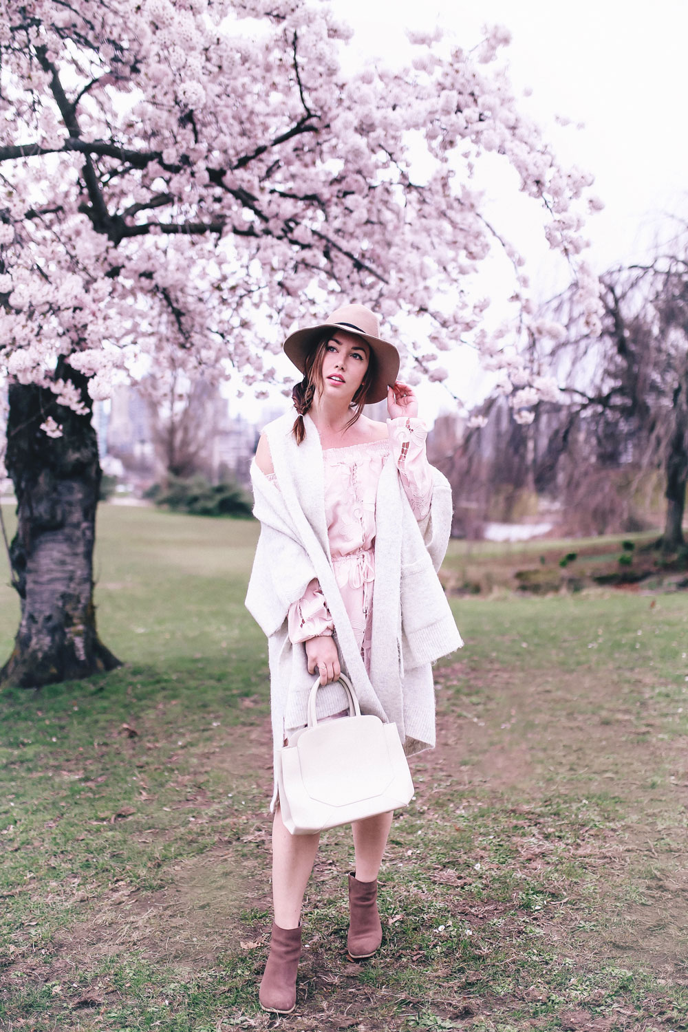 How to style off the shoulder spring trend in Revolve dress, Express wool fedora, Leah Alexandra jewellery, Revolve strapless dress, Mavi Coatigan, Lovers and Friends dress, how to wear strapless, cherry blossoms in Vancouver by To Vogue or Bust 