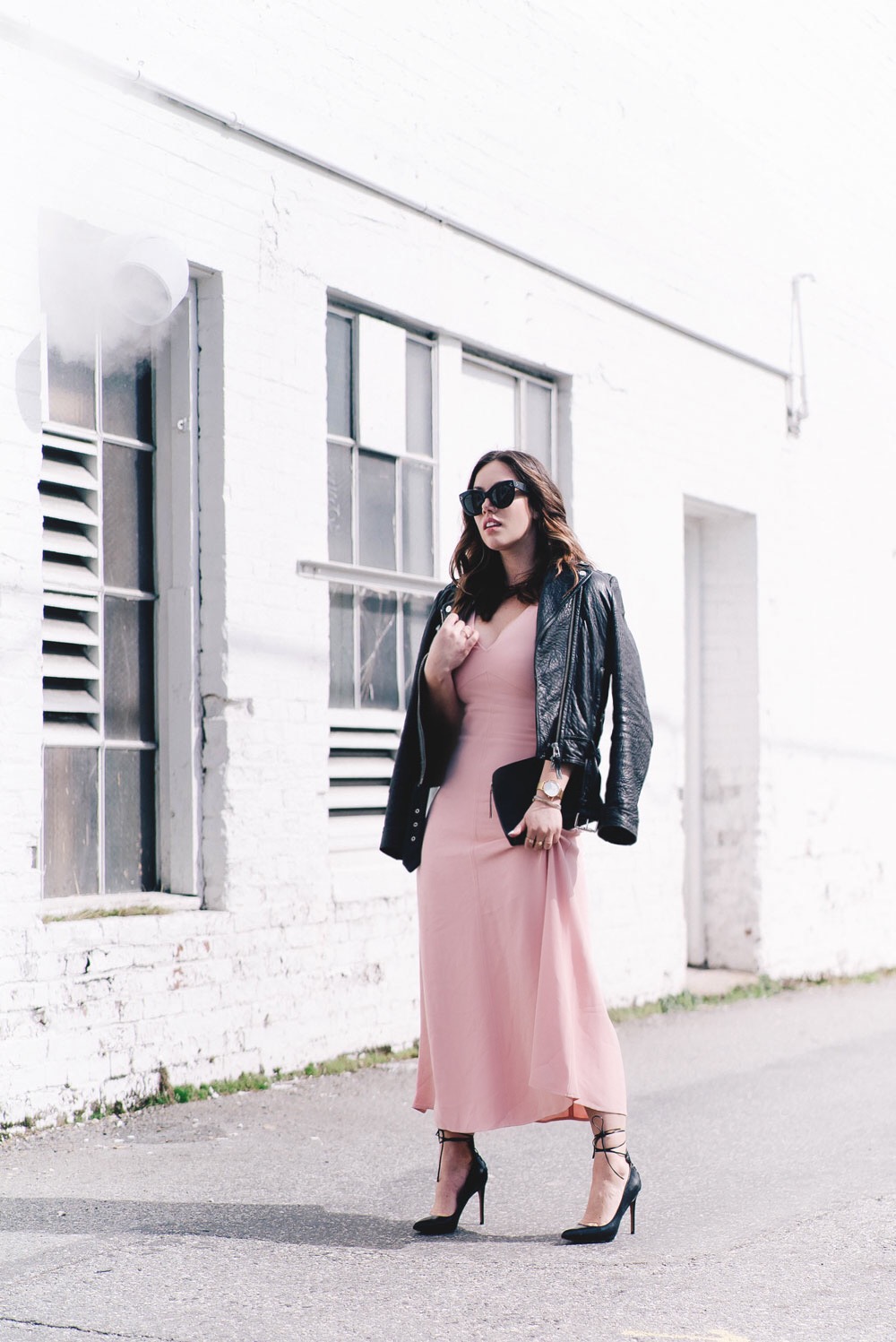 How to style pink spring trend in Aritzia dress, Mackage leather jacket, Celine Sunglasses, Cluse watch, Nine West heels, how to style spring dress, Aritzia spring 2017, how to wear pink on To Vogue or Bust