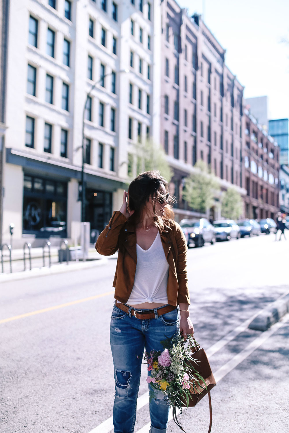 how to wear boyfriend jeans, casual outfit ideas in jcrew heels, mavi t shirt, aritzia auxiliary bag, suede moto jacket outfit ideas, revolve suede jacket, silver jeans boyfriend jeans, casual weekend outfit ideas by To Vogue or Bust