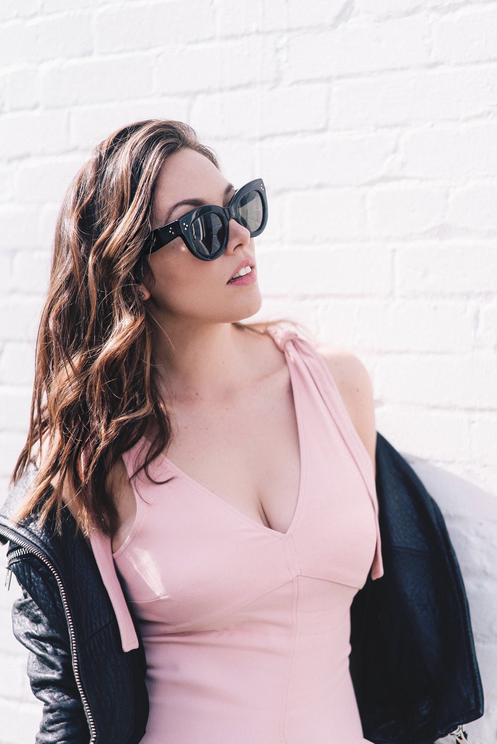 How to style pink spring trend in Aritzia dress, Mackage leather jacket, Celine Sunglasses, Cluse watch, Nine West heels, how to style spring dress, Aritzia spring 2017, how to wear pink on To Vogue or Bust