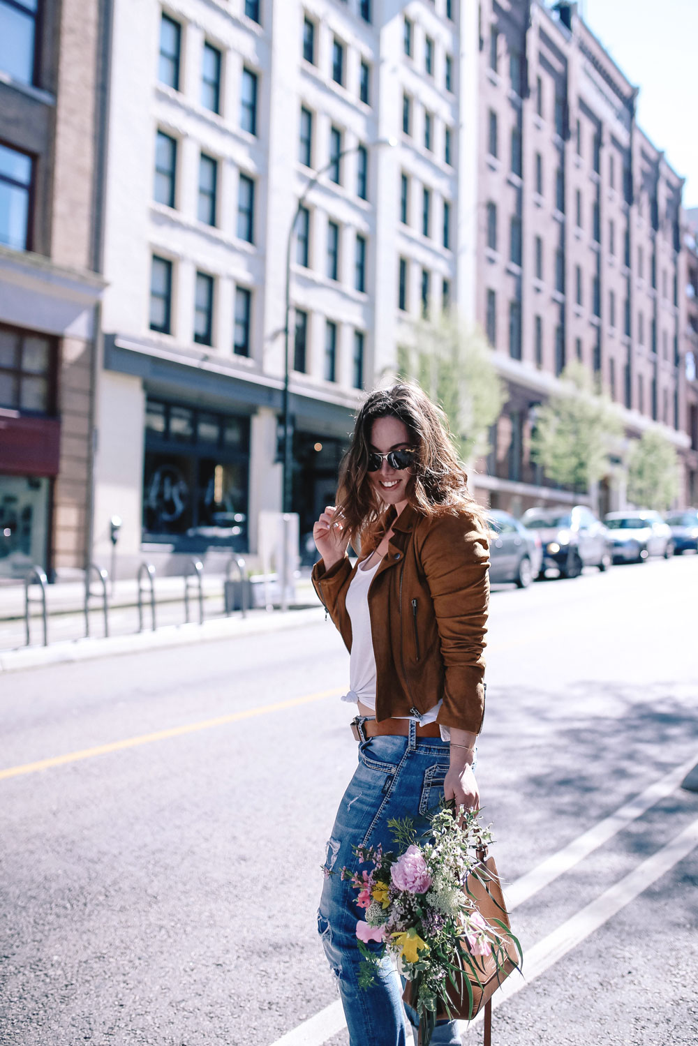 how to wear boyfriend jeans, casual outfit ideas in jcrew heels, mavi t shirt, aritzia auxiliary bag, suede moto jacket outfit ideas, revolve suede jacket, silver jeans boyfriend jeans, casual weekend outfit ideas by To Vogue or Bust