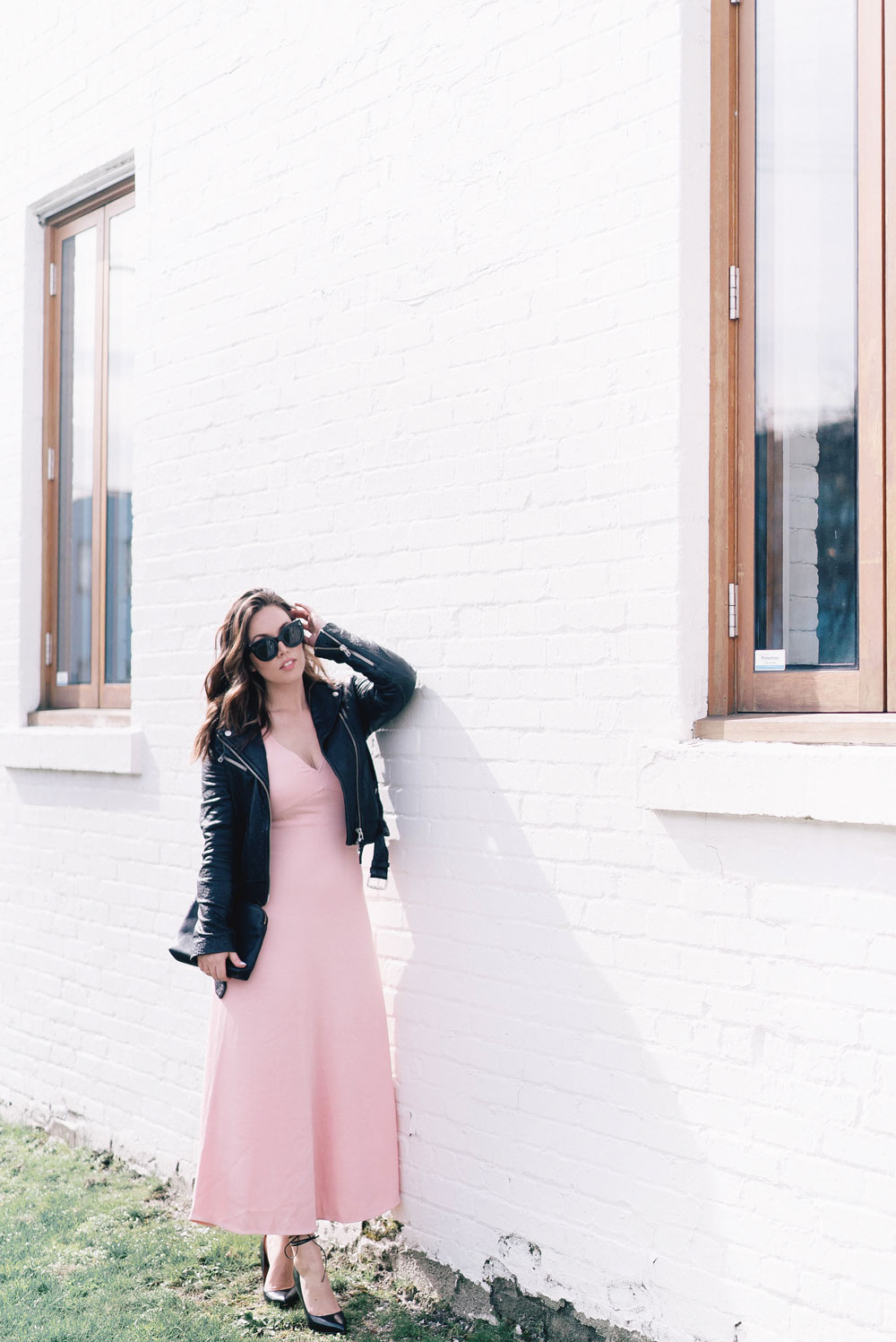 How to style pink spring trend in Aritzia dress, Mackage leather jacket, Celine Sunglasses, Cluse watch, Nine West heels, how to style spring dress, Aritzia spring 2017, how to wear pink on To Vogue or Bust