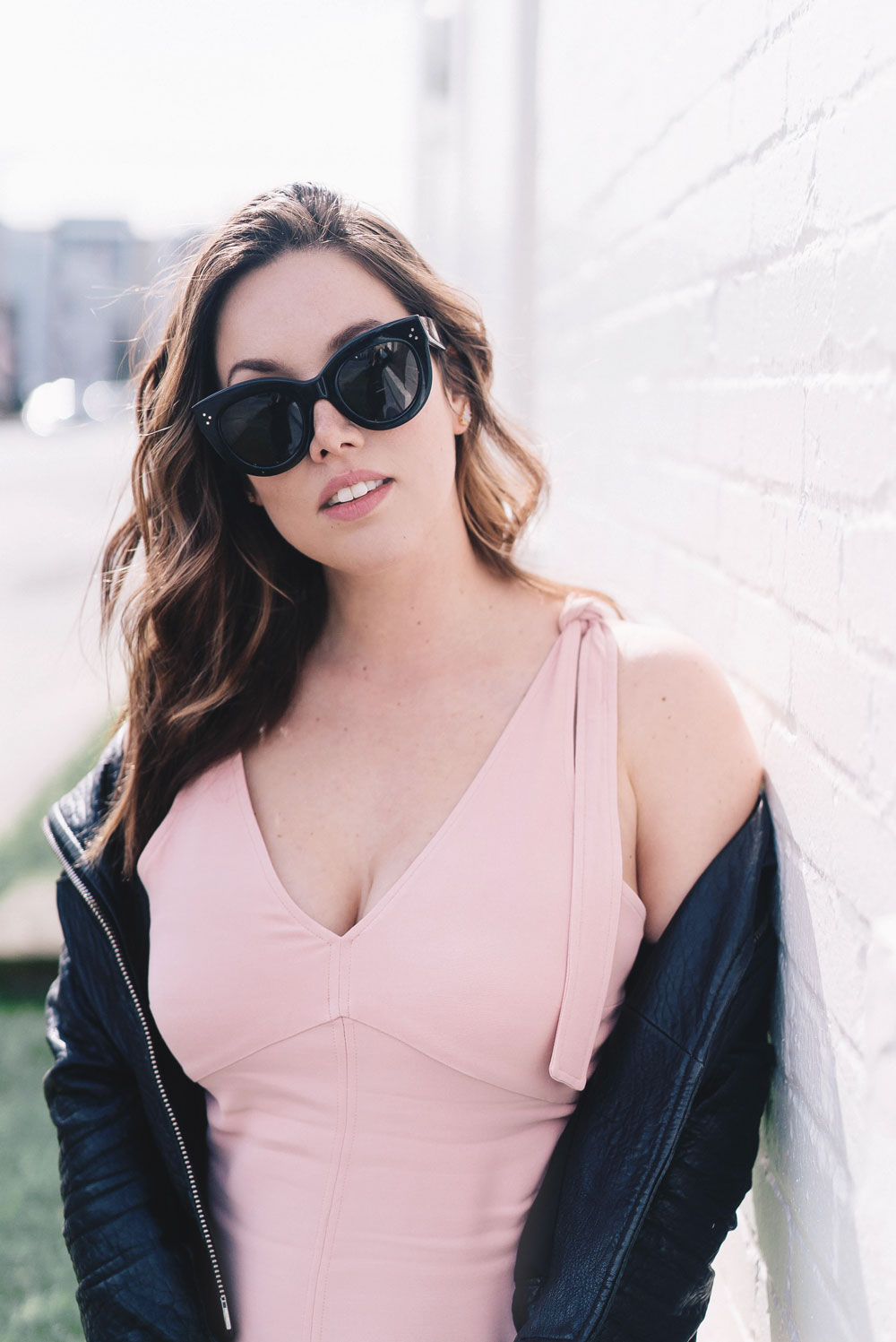 How to style pink spring trend in Aritzia dress, Mackage leather jacket, Celine Sunglasses, Cluse watch, Nine West heels, how to style spring dress, Aritzia spring 2017, how to wear pink on To Vogue or Bust