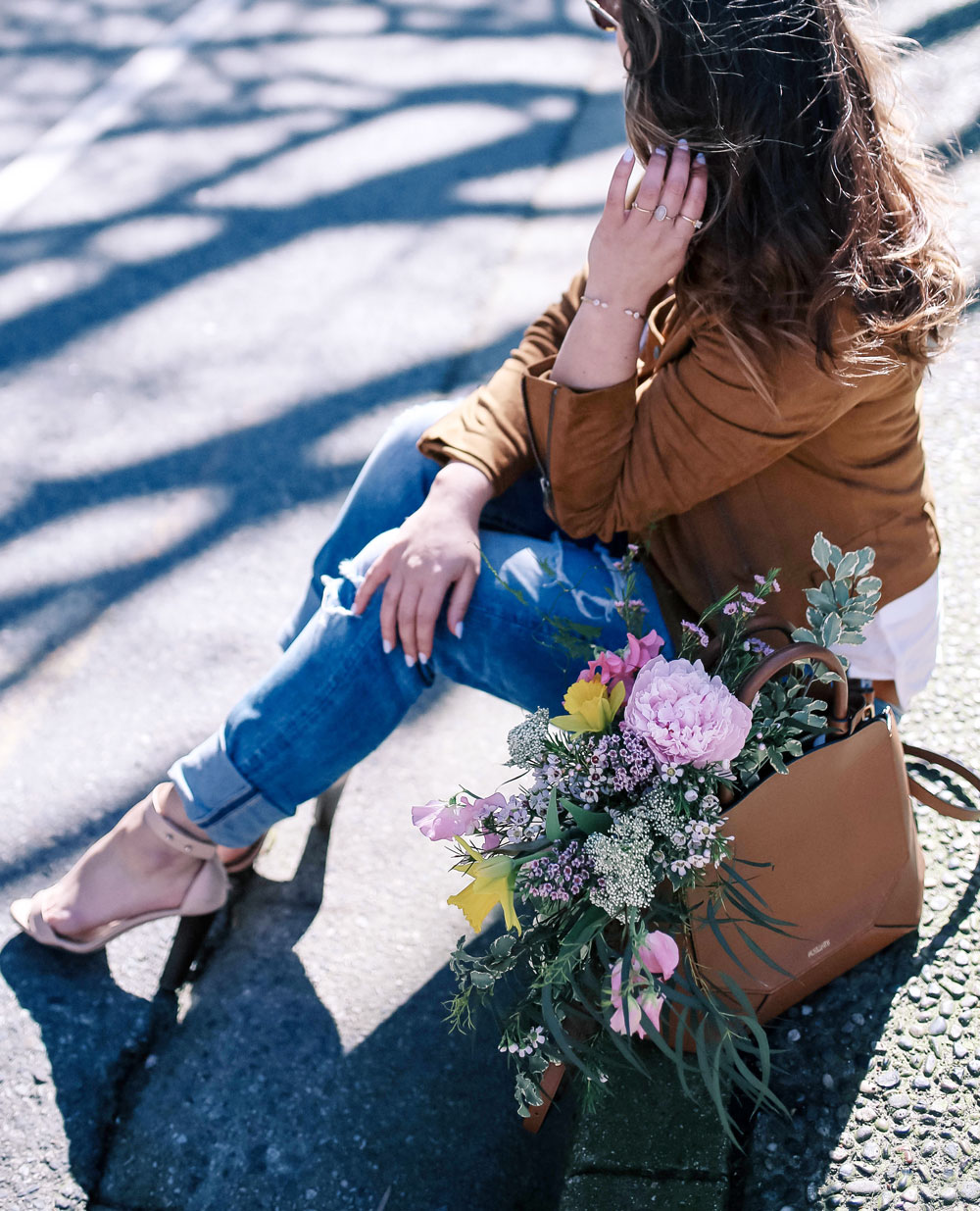 how to wear boyfriend jeans, casual outfit ideas in jcrew heels, mavi t shirt, aritzia auxiliary bag, suede moto jacket outfit ideas, revolve suede jacket, silver jeans boyfriend jeans, casual weekend outfit ideas by To Vogue or Bust