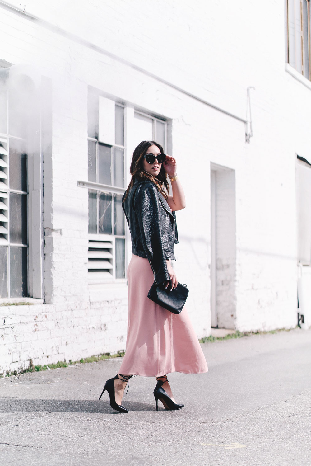 How to style pink spring trend in Aritzia dress, Mackage leather jacket, Celine Sunglasses, Cluse watch, Nine West heels, how to style spring dress, Aritzia spring 2017, how to wear pink on To Vogue or Bust