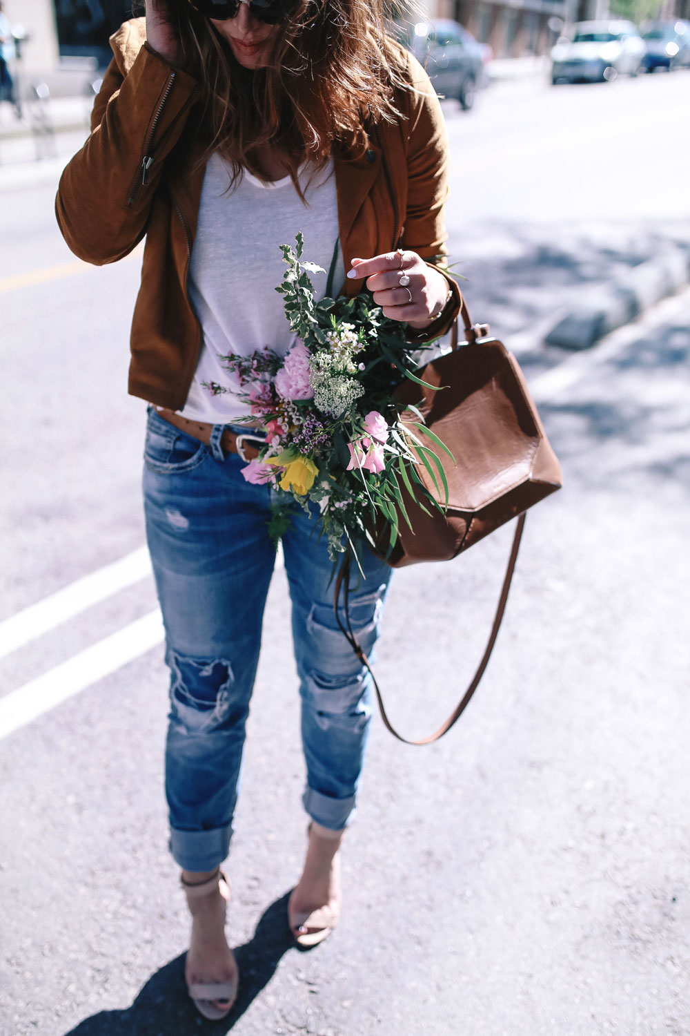 how to wear boyfriend jeans, casual outfit ideas in jcrew heels, mavi t shirt, aritzia auxiliary bag, suede moto jacket outfit ideas, revolve suede jacket, silver jeans boyfriend jeans, casual weekend outfit ideas by To Vogue or Bust