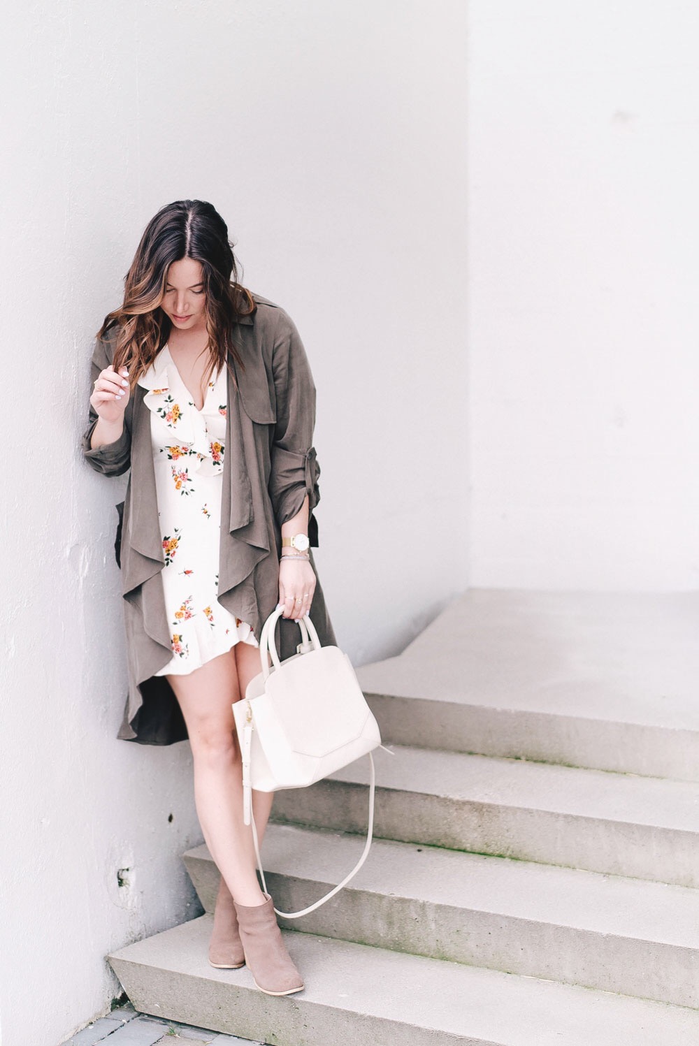 how to wear florals in revolve dress, lovers and friends dress, cluse watch, aritzia bega bag, how to style spring trench coat, how to stack jewelry, floral dress ideas by To Vogue or Bust