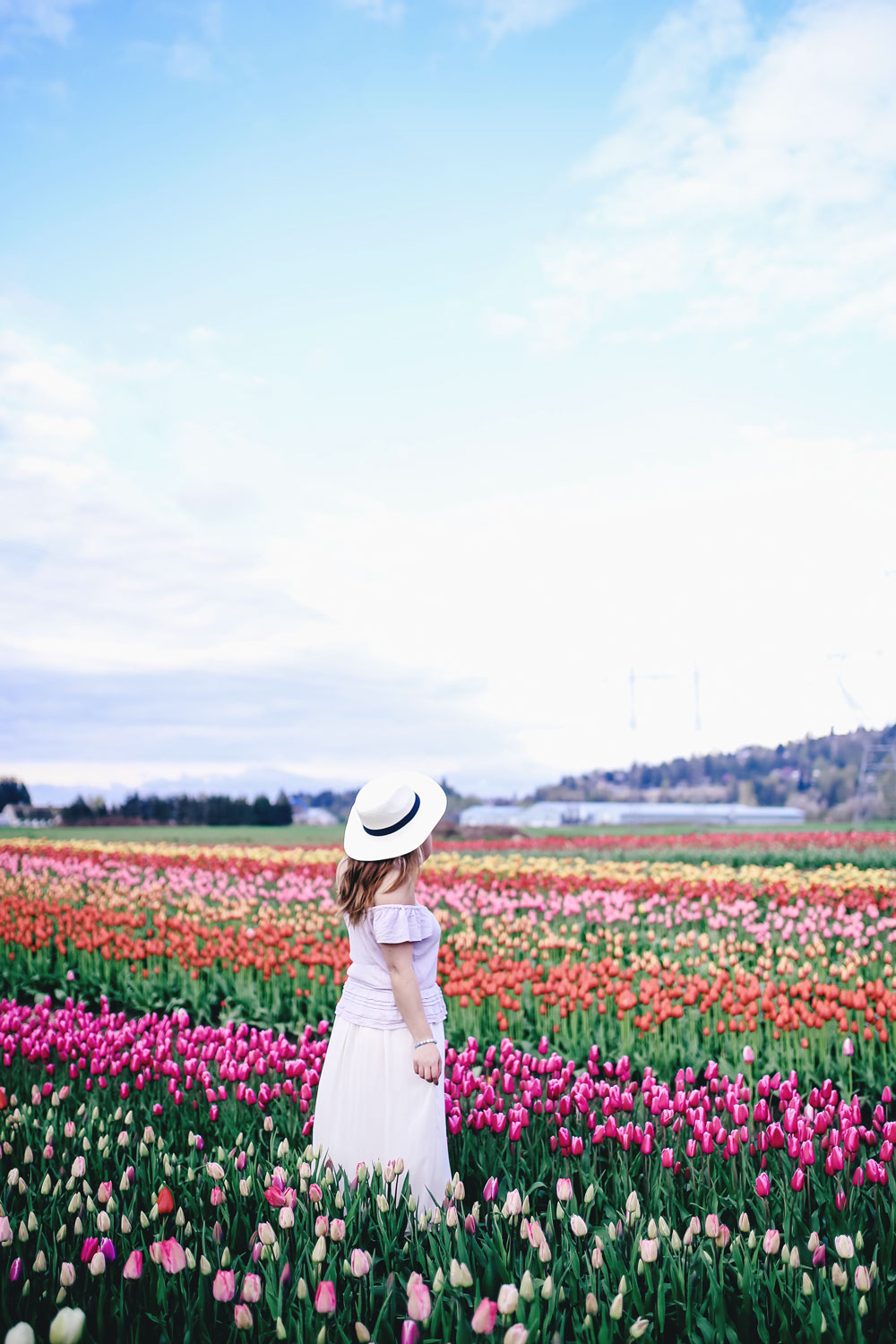 Tulip fields in Vancouver by To Vogue or Bust in an Aritzia silk skirt Aritzia off the shoulder top Joe Fresh panama hat