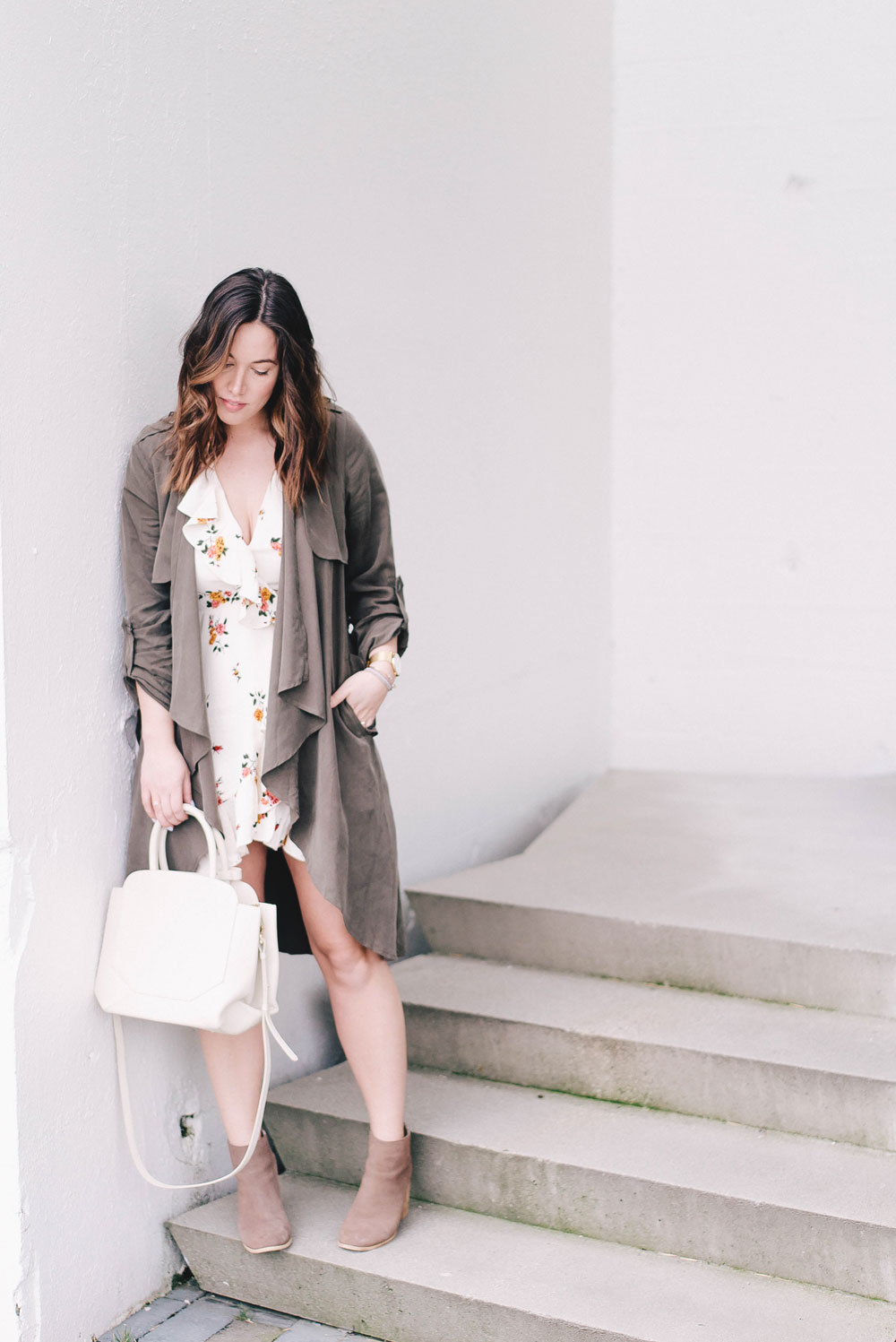 how to wear florals in revolve dress, lovers and friends dress, cluse watch, aritzia bega bag, how to style spring trench coat, how to stack jewelry, floral dress ideas by To Vogue or Bust