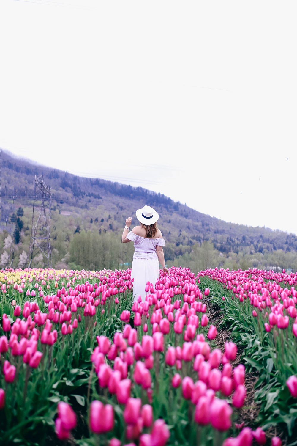 Tulip fields in Vancouver by To Vogue or Bust in an Aritzia silk skirt Aritzia off the shoulder top Joe Fresh panama hat