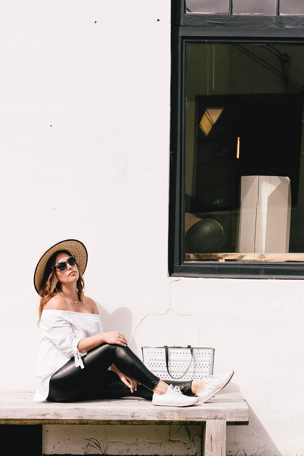 How to style converse sneakers, how to wear converse, how to wear sneakers, how to wear a boat hat, summer transition outfit ideas in bailey nelson sunglasses, bailey nelson tortoise sunglasses, aritzia off the shoulder top by To Vogue or Bust