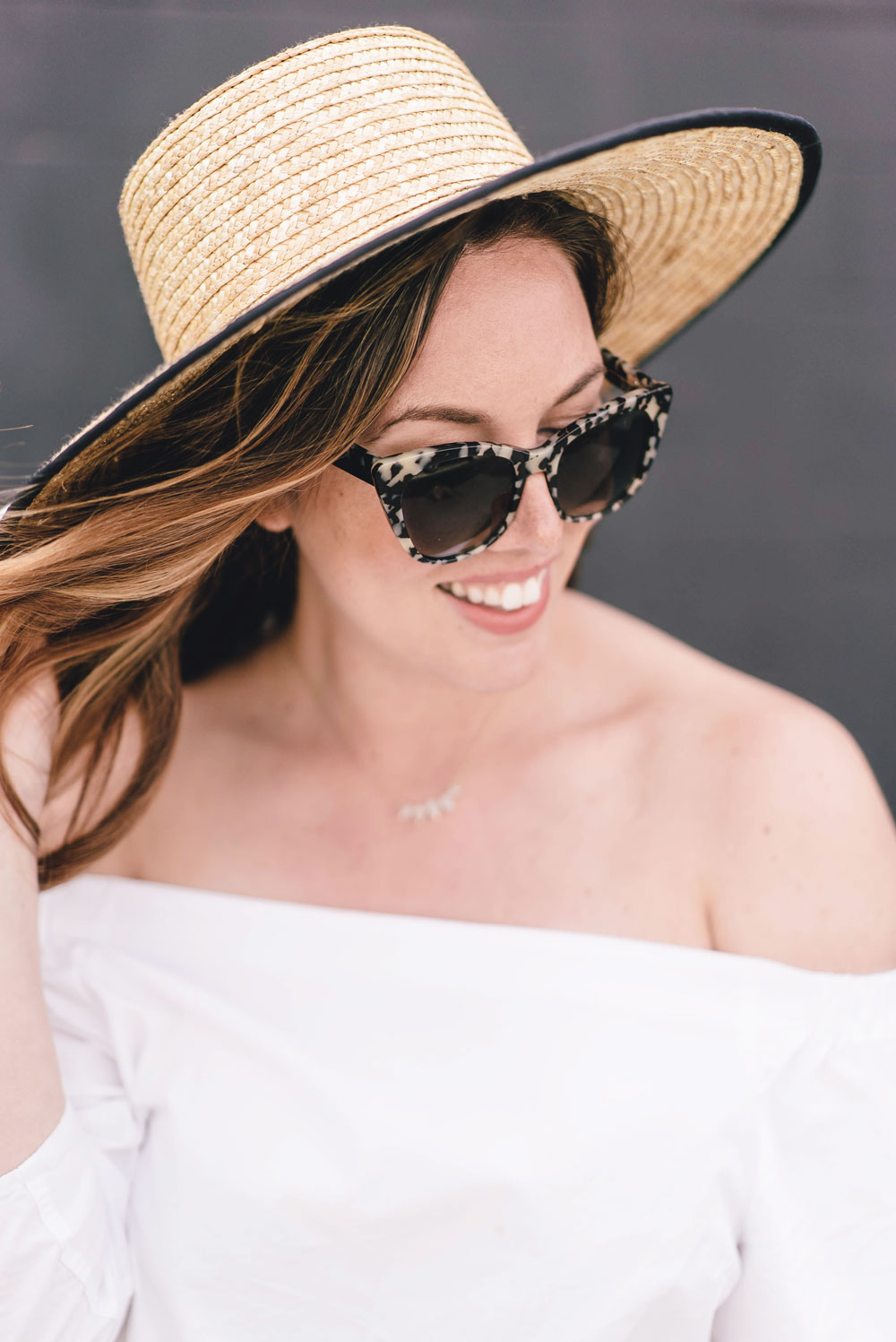 How to style converse sneakers, how to wear converse, how to wear sneakers, how to wear a boat hat, summer transition outfit ideas in bailey nelson sunglasses, bailey nelson tortoise sunglasses, aritzia off the shoulder top by To Vogue or Bust