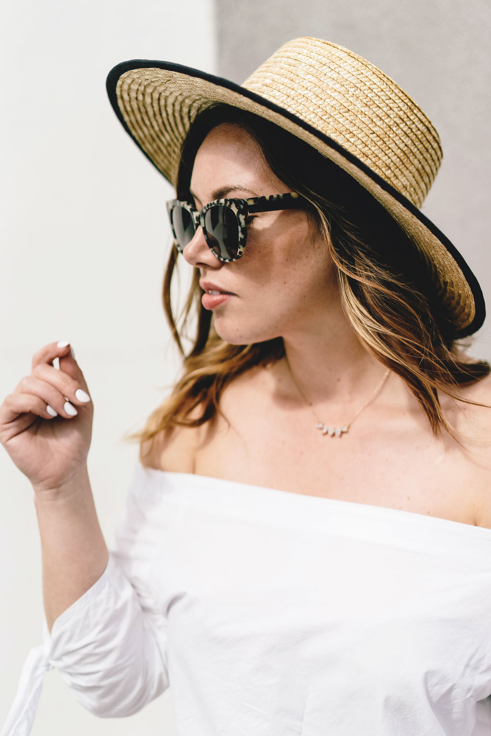 How to style converse sneakers, how to wear converse, how to wear sneakers, how to wear a boat hat, summer transition outfit ideas in bailey nelson sunglasses, bailey nelson tortoise sunglasses, aritzia off the shoulder top by To Vogue or Bust