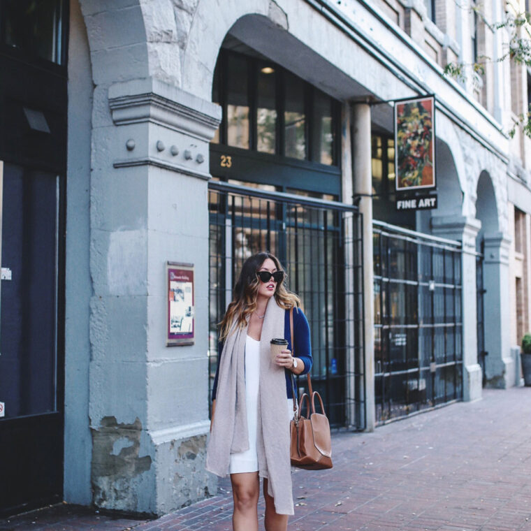 Fall transition style slip dress with aritzia bega bag by To Vogue or Bust