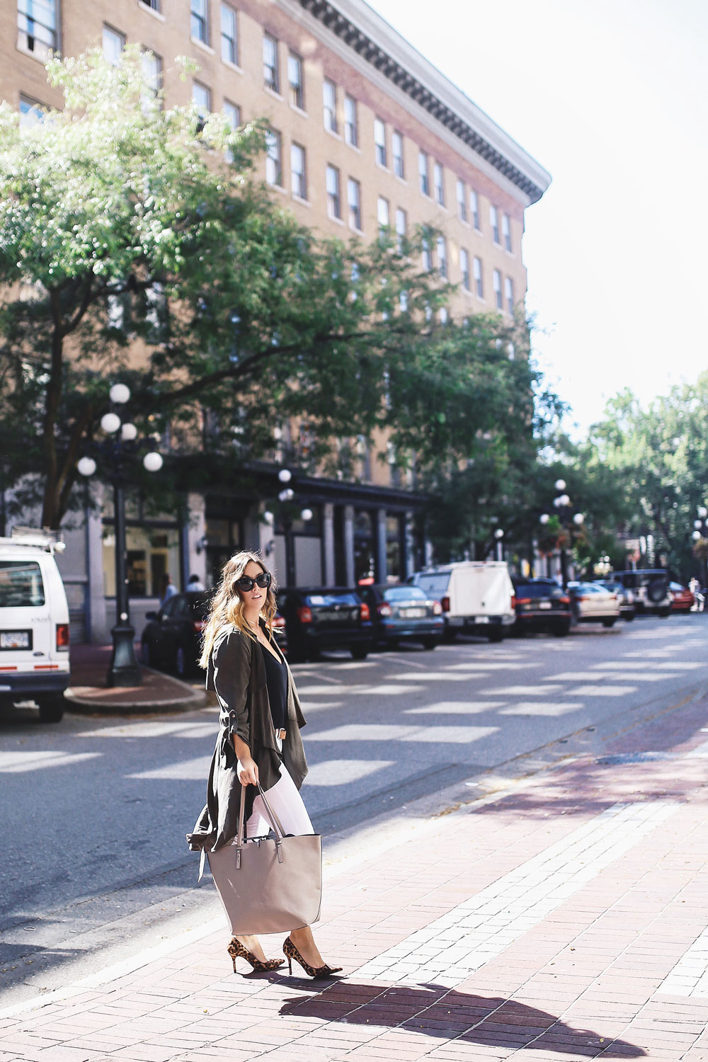 White denim and Revolve trench coat by To Vogue or Bust