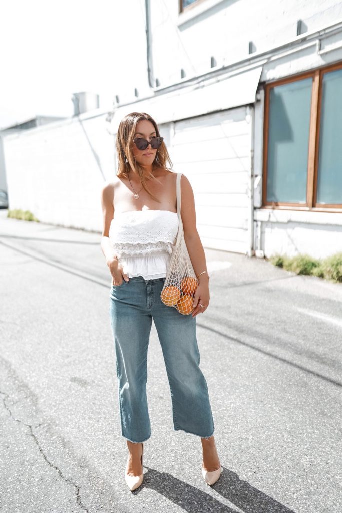 Perfect easy summer-ready cropped jeans outfit idea in Mavi Romee cropped jeans paired with a white crop top and nude Ted Baker pumps, styled by To Vogue or Bust.