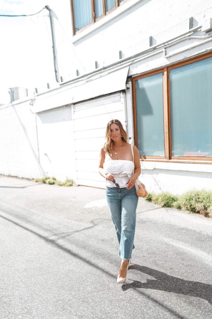 Perfect easy summer-ready cropped jeans outfit idea in Mavi Romee cropped jeans paired with a white crop top and nude Ted Baker pumps, styled by To Vogue or Bust.
