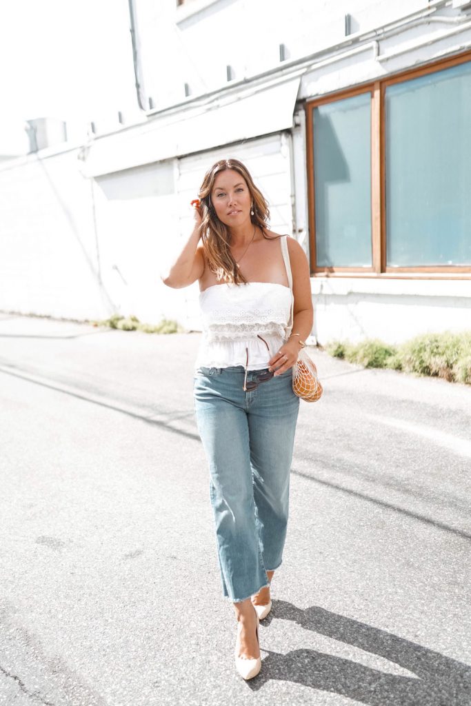 Perfect easy summer-ready cropped jeans outfit idea in Mavi Romee cropped jeans paired with a white crop top and nude Ted Baker pumps, styled by To Vogue or Bust.