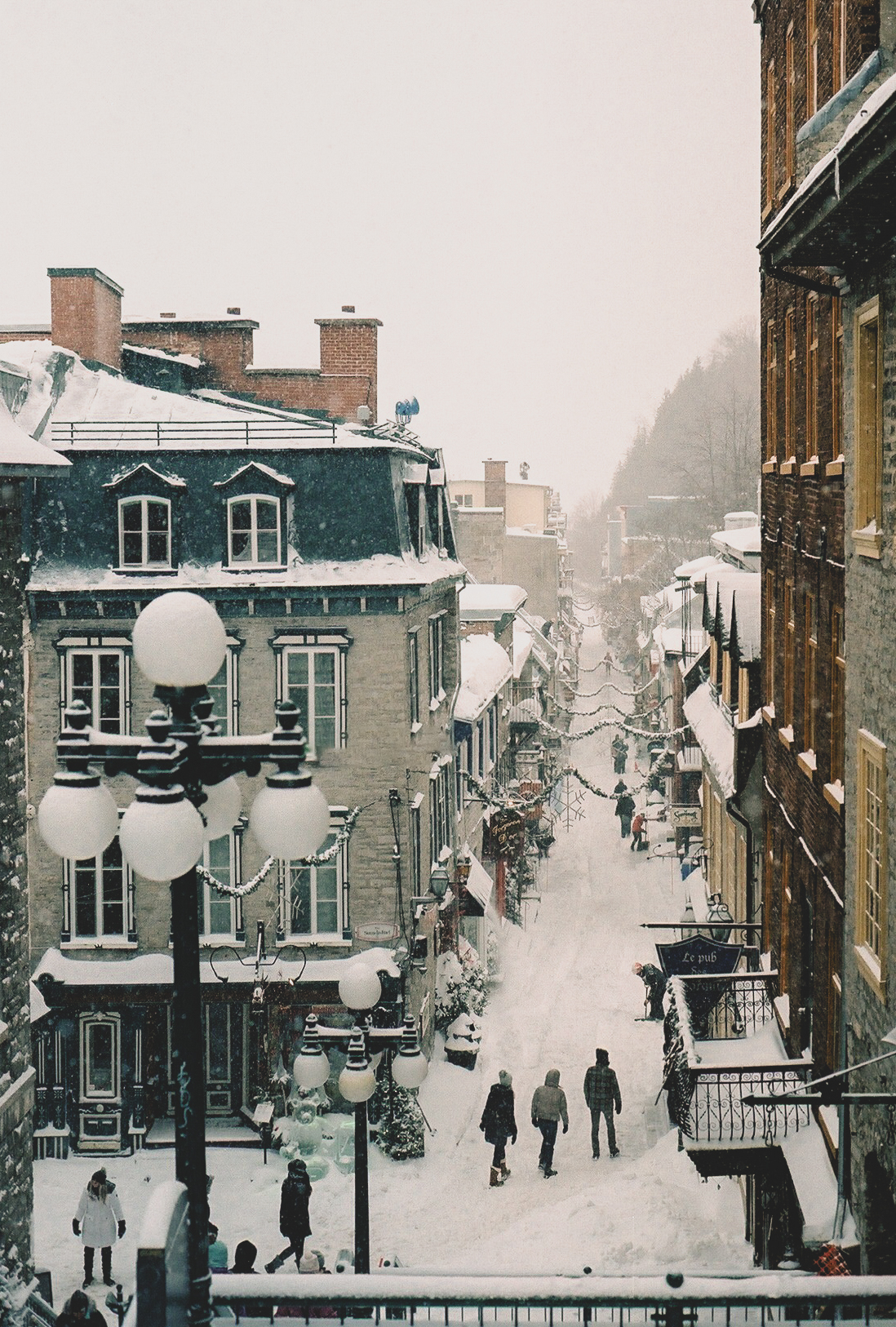 Snow-covered street in Old Québec during winter in Québec City