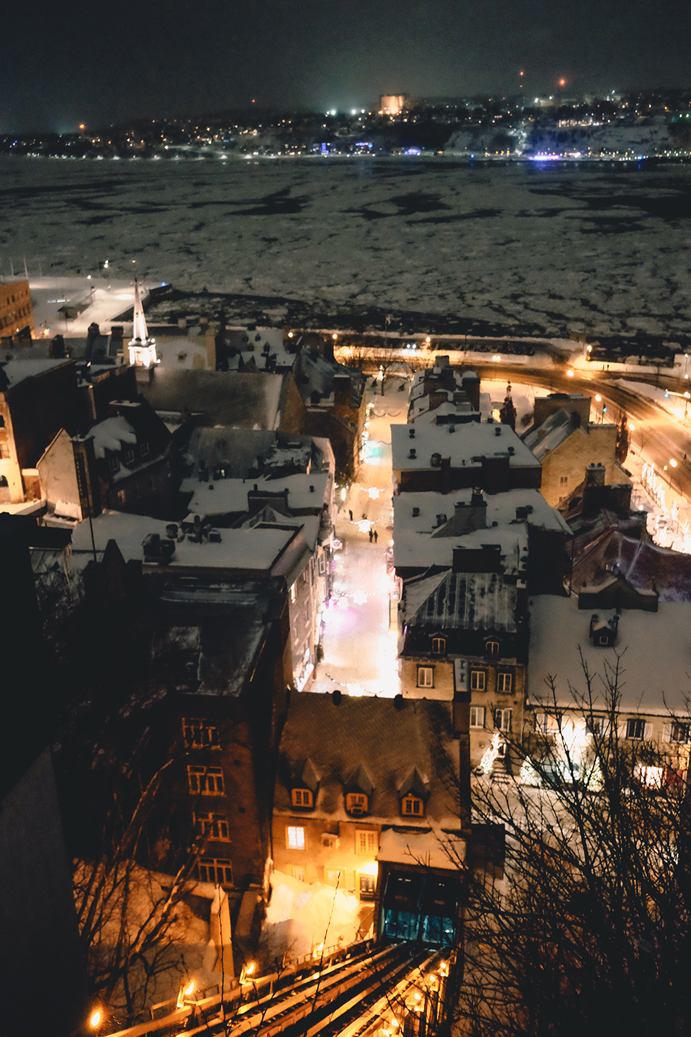 Night view over snow-covered Old Québec City