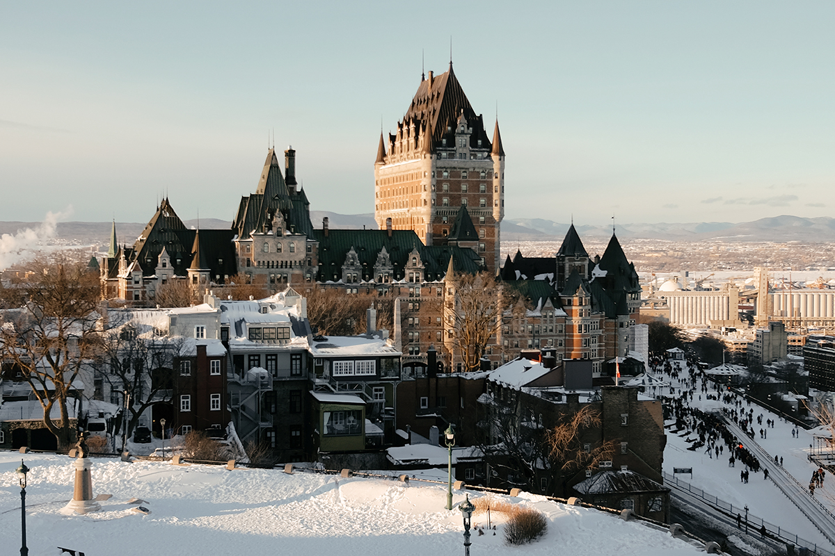 Château Frontenac and Old Québec covered in snow during winter