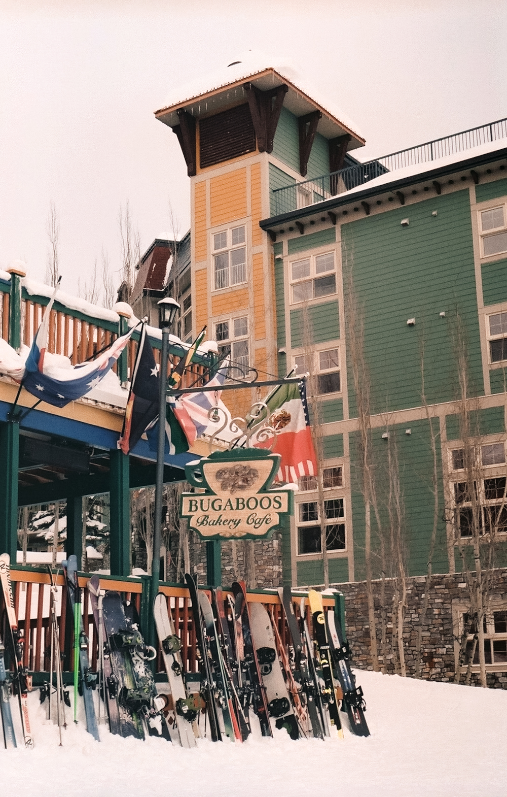 Colourful buildings in SilverStar Mountain Resort village in winter