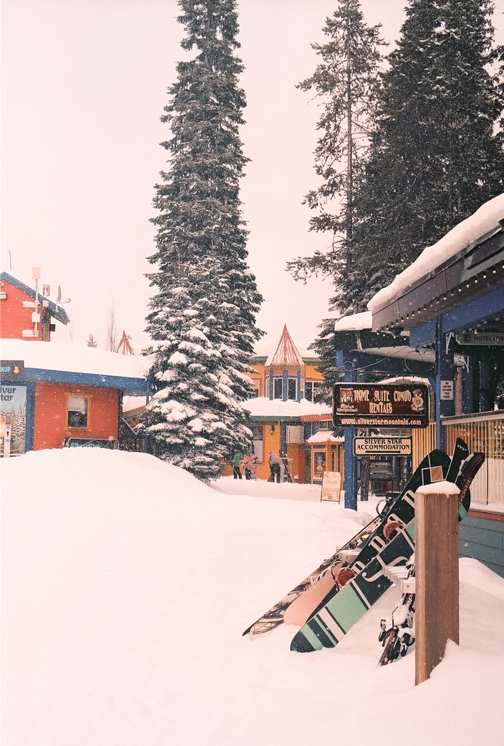 Snow-covered village buildings at SilverStar Mountain Resort