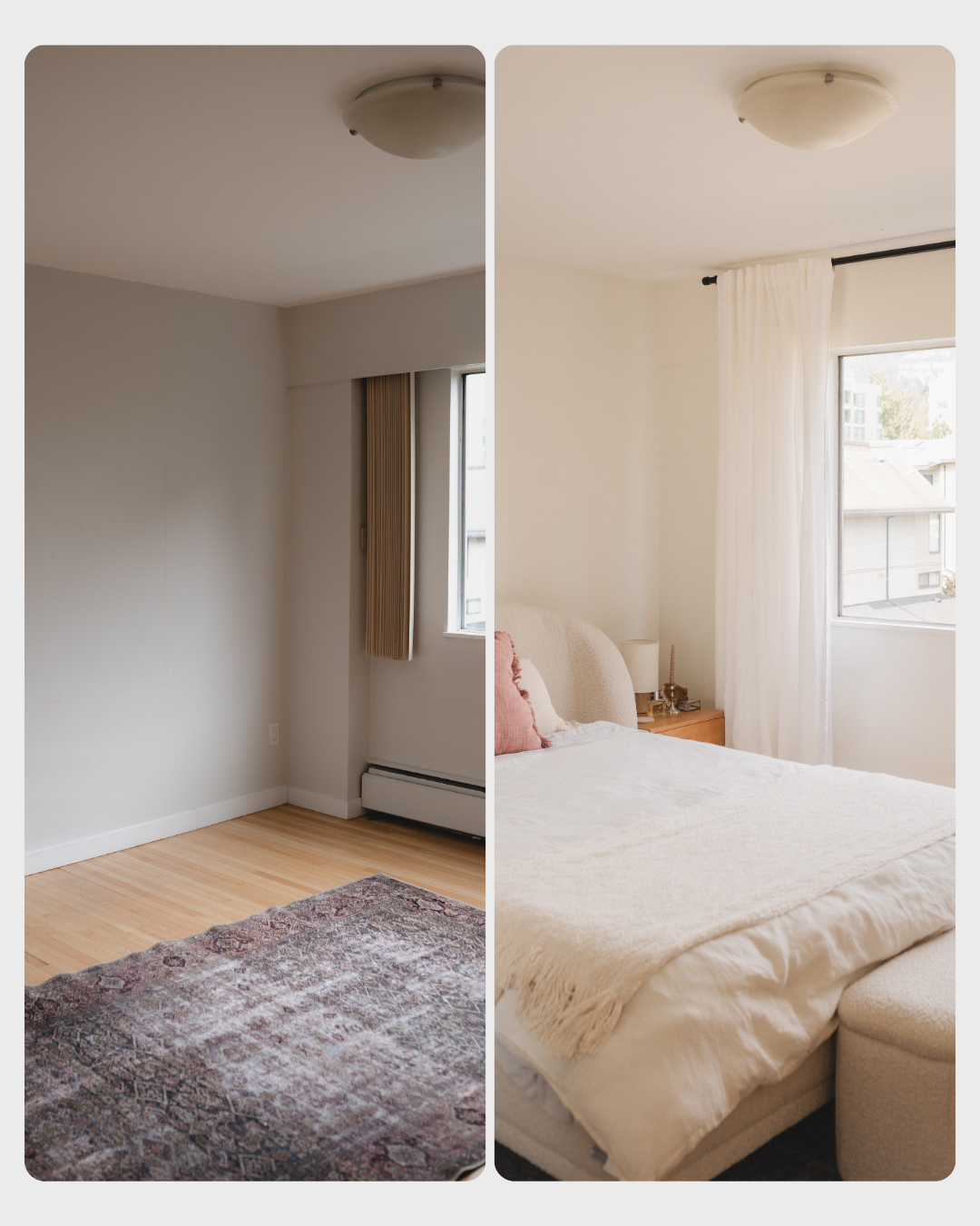 Before and after bedroom transformation with fresh professional interior paint in a Vancouver home