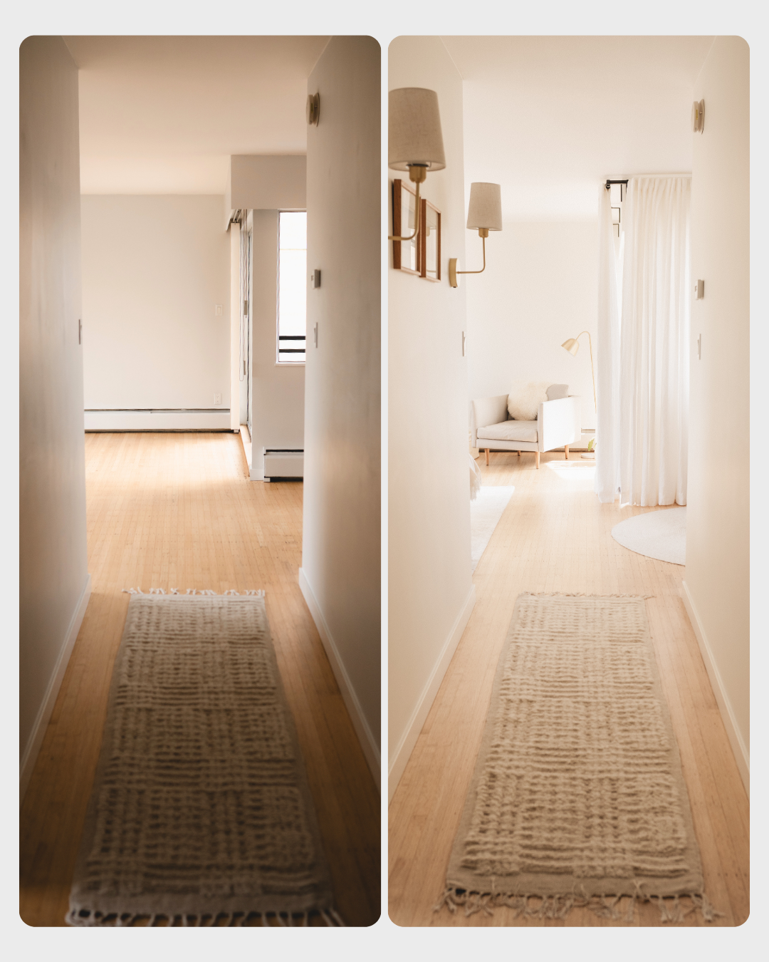 Before and after of a Vancouver apartment hallway and bedroom transformed with professional interior painting