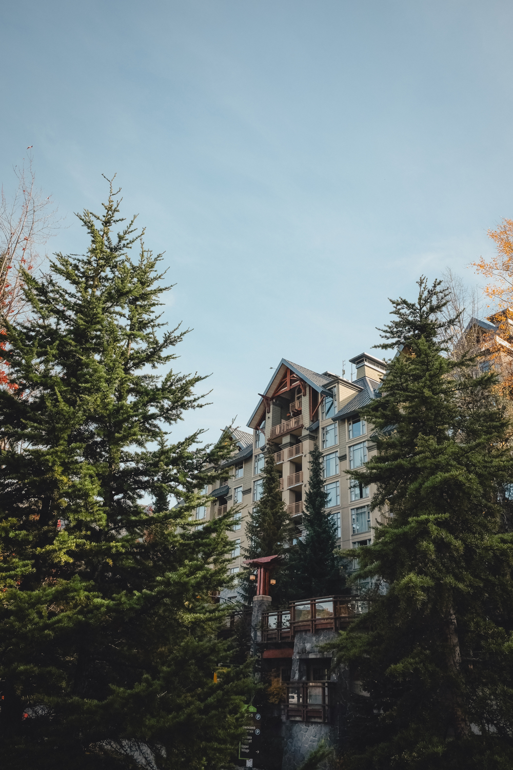 Pan Pacific Whistler Village Centre surrounded by evergreen trees
