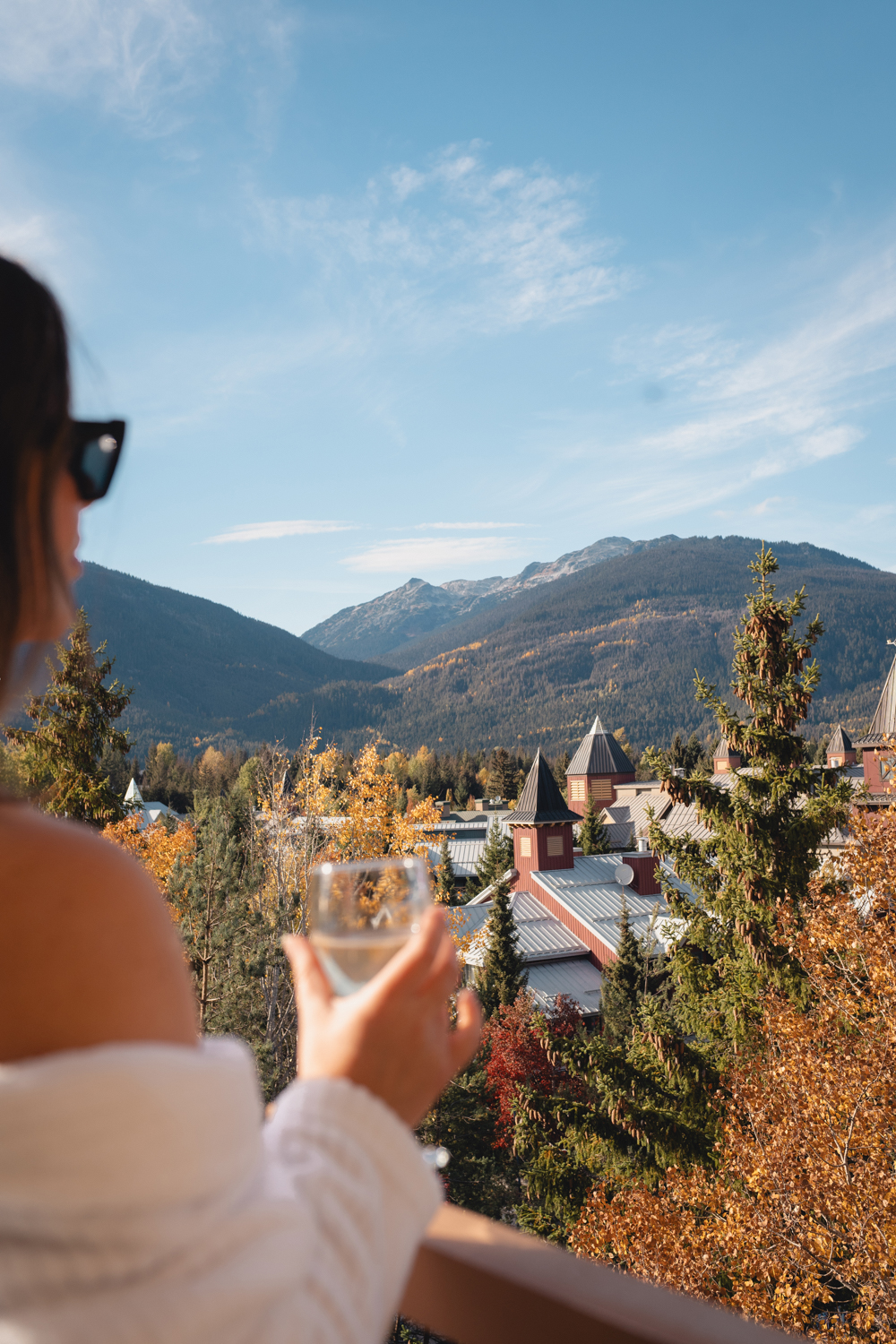 Fall mountain views from a balcony at Pan Pacific Whistler Village Centre