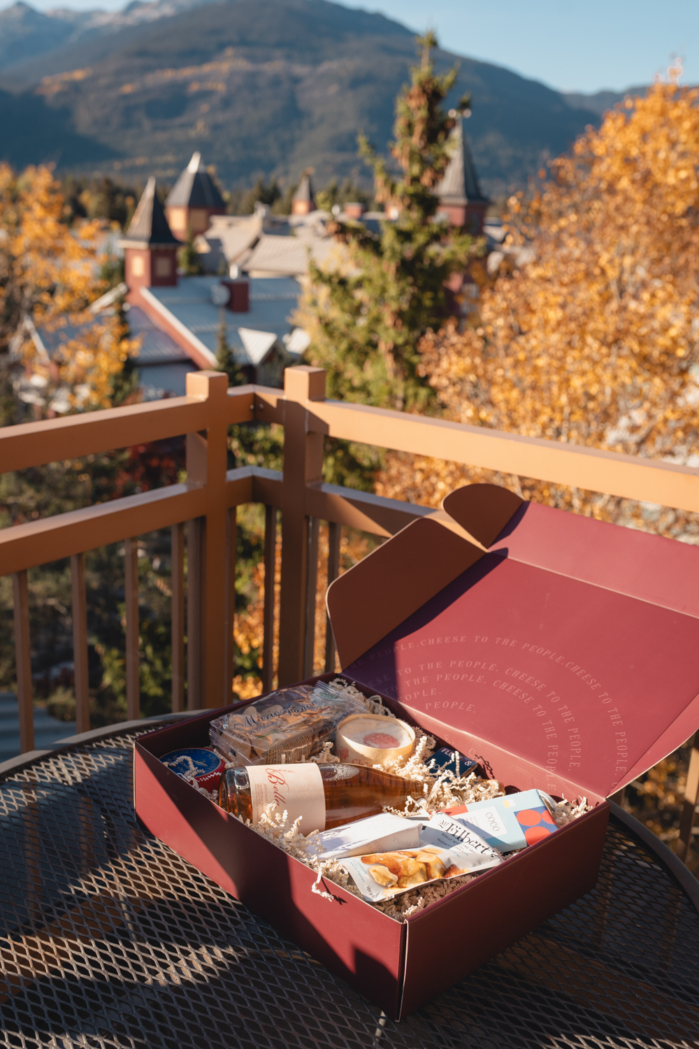 Balcony overlooking Whistler Village and the mountains in fall